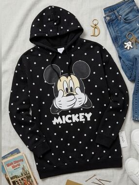 ​Disney Vintage Mickey Mouse Polka Dot Hoodie Black White Graphic 2XL